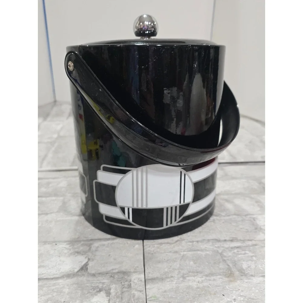 Georges Briard True Vtg Black White Art Deco Vinyl Ice Bucket Geometric Abstract